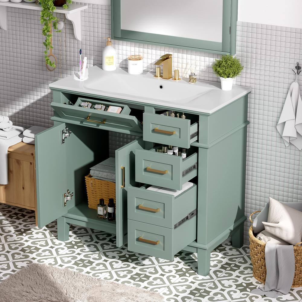 36 in. W Light Green Bathroom Vanity with Ceramic Sink, 4 Storage Drawers and Soft-Close Doors price history on PriceWatchPro