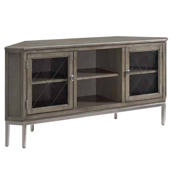 Leick Home 57 in. Gray Corner TV Stand with Pewter Metal Base for 62 in. TV's