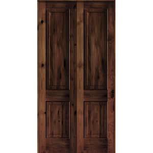 48 in. x 96 in. Rustic Knotty Alder 2-Panel Universal/Reversible Red Mahogany Stain Wood Prehung Interior Double Door
