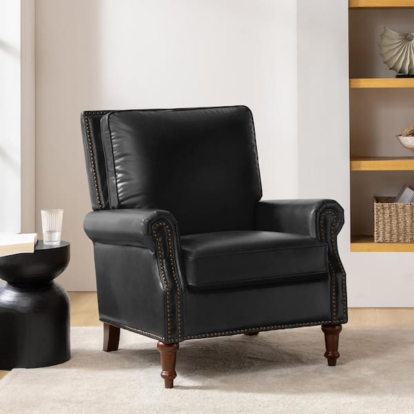 JAYDEN CREATION Rosal Black 33"W Genuine Leather Accent Chair with Spindle Legs