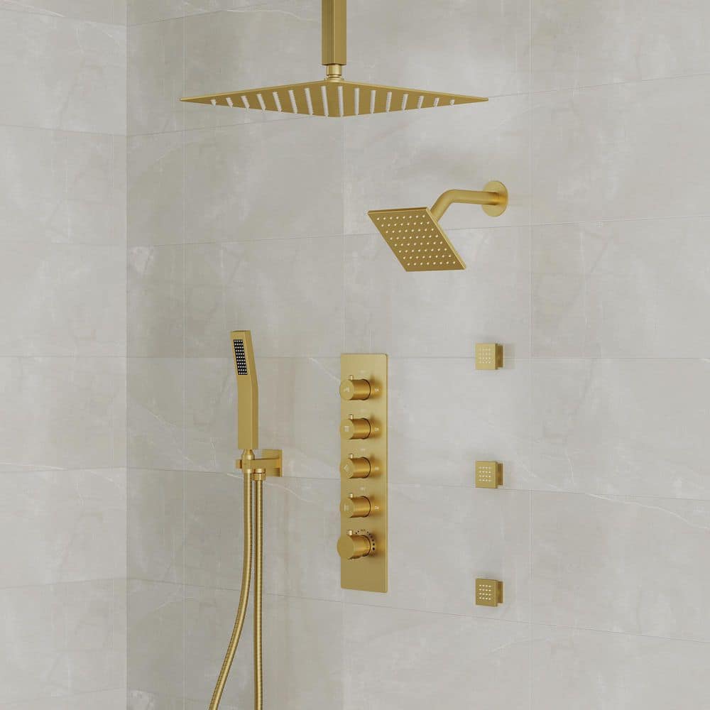 16" Brushed Gold Multi-Head Rainfall Shower System with Handheld