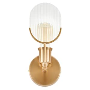 1-Light Gold Modern Armed Wall Sconce with Wavy Glass Shade