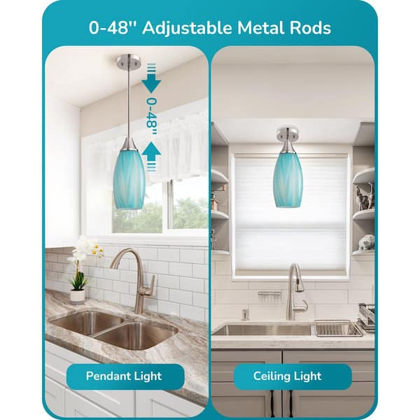 60 Watt 1 Light Lake Blue Adjustable Rods Medium Pendant Light with Hand Blown Glass Shade, No Bulbs Included
