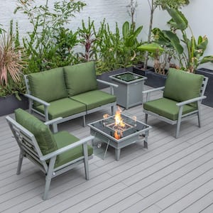 Walbrooke Grey 5-Piece Aluminum Square Patio Fire Pit Set with Green Cushions, Slats Design and Tank Holder