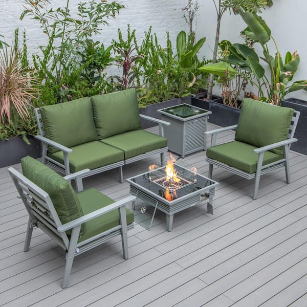 Leisuremod Walbrooke Grey 5-Piece Aluminum Square Patio Fire Pit Set with Green Cushions, Slats Design and Tank Holder