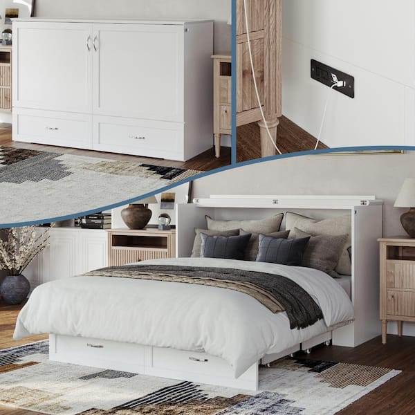 AFI Raleigh White Queen Wood Murphy Bed Chest with Mattress, Storage and Built-in Charging