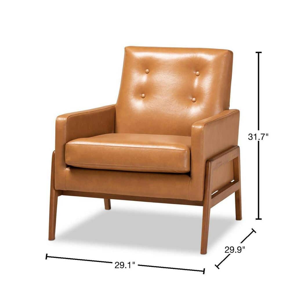 Tan Faux Leather and Walnut Brown Wood Mid-Century Lounge Chair