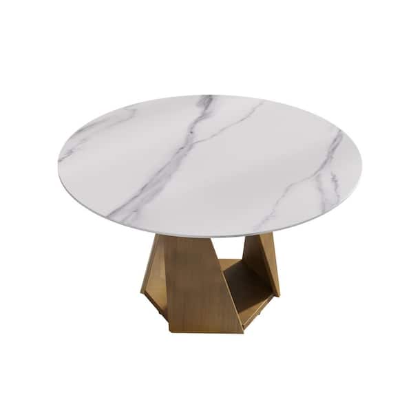 53.1 in. White Round Sintered Stone Tabletop Bronze Pedestal Base Kitchen Dining Table (Seats-6)