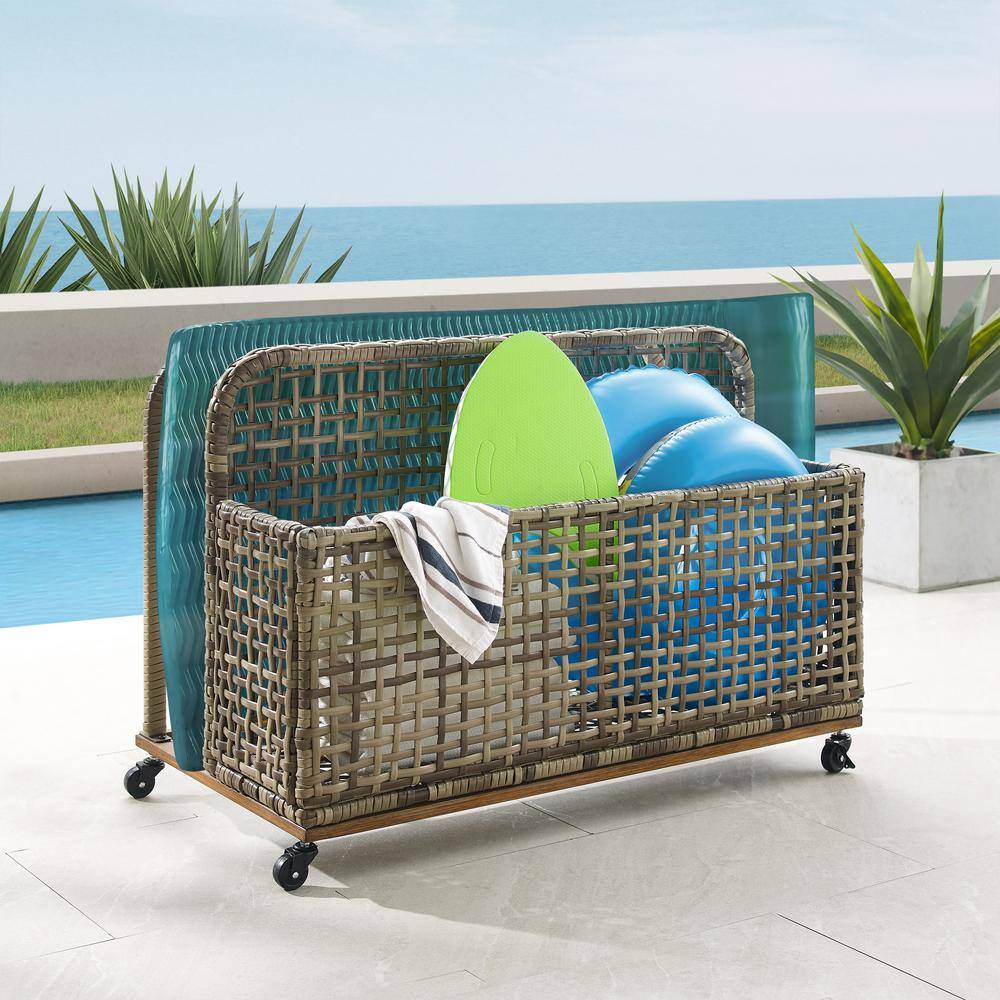 Distressed Gray and Brown Wicker Lockable Deck Box with Wheels