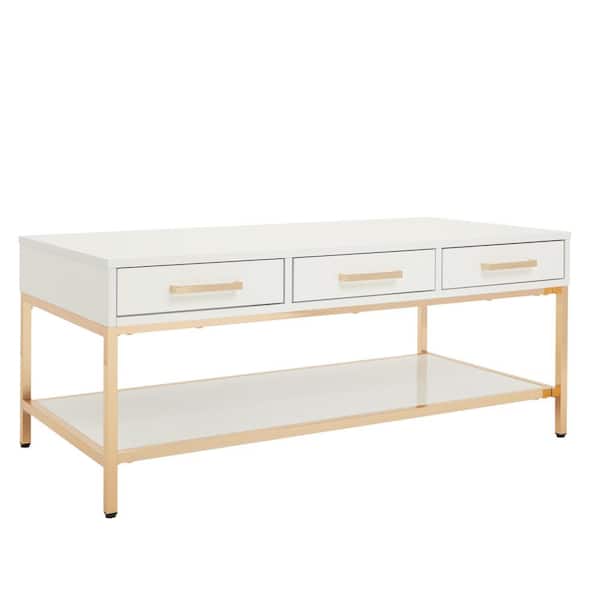 OSP Home Furnishings Alios 44 in. White/Gold Chrome Large Rectangle Acrylic Coffee Table with Drawers