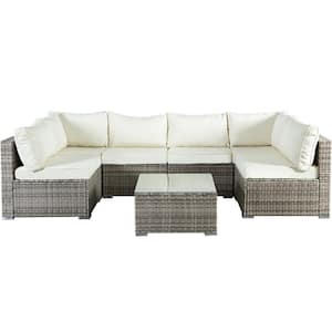 7 Pieces Gray Frame Wicker Patio Conversation Seating Set, Sectional Set, with White Cushions, for Garden Poolside