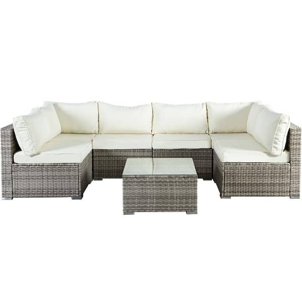 Unbranded 7 Pieces Gray Frame Wicker Patio Conversation Seating Set, Sectional Set, with White Cushions, for Garden Poolside