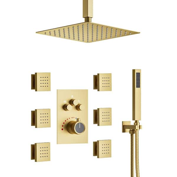 YAWWALK Thermostatic Shower System 7-Spray Ceiling Mount Square