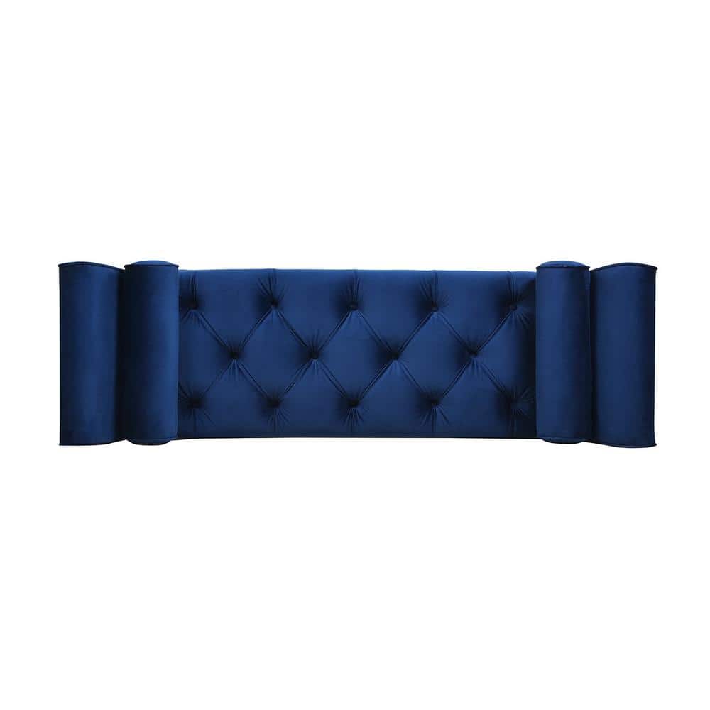 Navy Blue Velvet Mahogany Finish Mid-Century Bedroom Bench