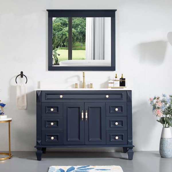 38 in. W x 33 in. H Rectangular Wood Framed Wall Bathroom Vanity Mirror in Navy Blue, Vertical Hanging, Solid Wood