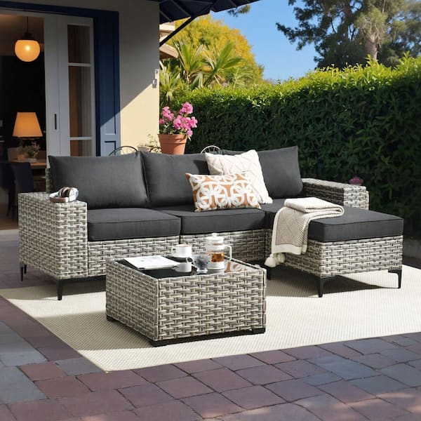 HOOOWOOO Sunny 5-Piece Wicker Wide Arm Outdoor Furniture Patio Conversation Sofa Seating Set with a Table and Black Cushions