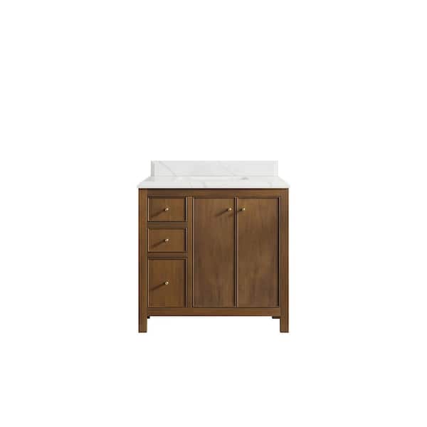 Willow Collections Chicago Teak 36 in. W x 22 in. D x 36 in. H Center Sink Bath Vanity in Dark Natural with 1.5" Calacatta Laza Qt. Top