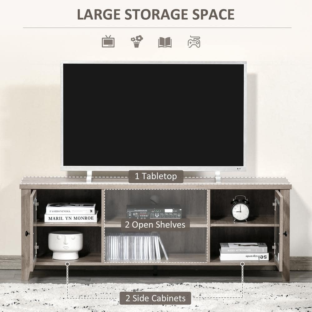 Modern Gray Wash TV Stand with Open Shelves and Cabinets
