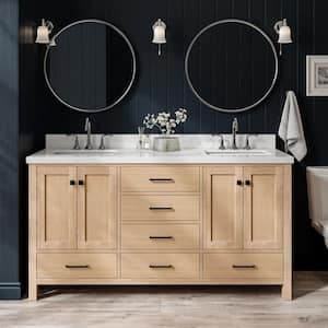 Cambridge 66 in. Double Sink Freestanding Bathroom Vanity in Oak with Pure White Quartz Top