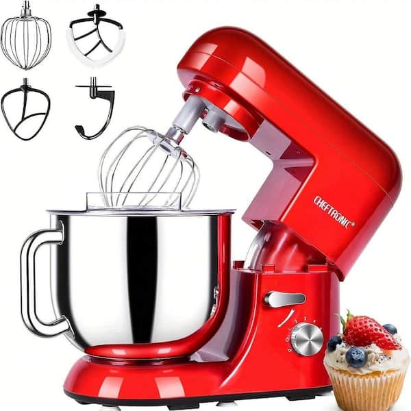 JEREMY CASS BigChef 6 Qt. 650-Watt 6-Speed Red Painted Stand Mixer with Wire Whip, Dough Hook, Flat Beater and Flex Edge Beater