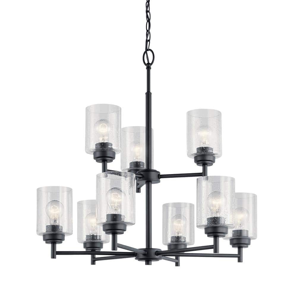 Winslow Black 27" 9-Light 2-Tier Chandelier with Clear Seeded Glass