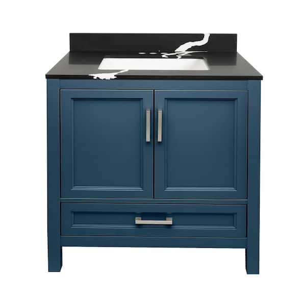 Amluxx Salerno 31 in. W x 22 in. D x 36 in. H Bath Vanity in Navy Blue with Quartz Stone Vanity Top in Calacatta Black
