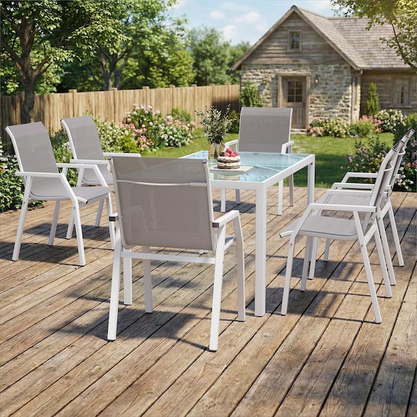 7-Piece Outdoor Patio Dining Set with Rectangular Glass Table and Sling Chairs