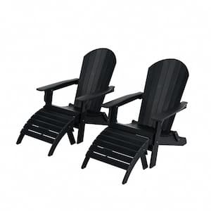 Vineyard 4-Piece Black Outdoor Plastic Folding Adirondack Chair and Folding Adirondack Ottoman Set