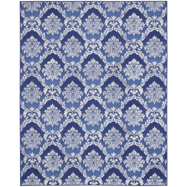 8 ft. x 10 ft. Blue and White Damask Distressed Non Skid Area Rug