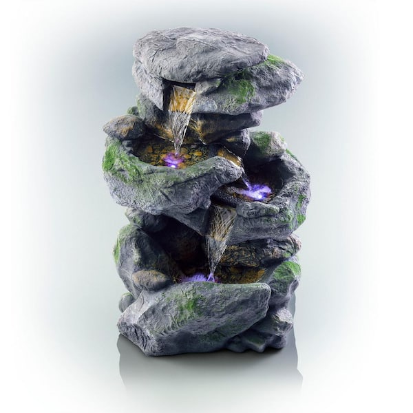 Alpine Corporation 22 in. Tall Outdoor 3-Tier Rock Waterfall Fountain with LED Lights