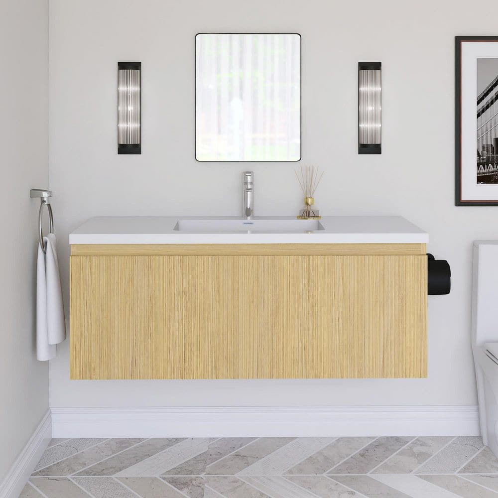 47.24 in. W x 18.90 in. D x 18.19 in. H Wall-Mounted Bath Vanity in Yellow Oak with White Resin Top price history on PriceWatchPro