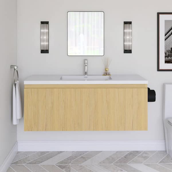JimsMaison 47.24 in. W x 18.90 in. D x 18.19 in. H Wall-Mounted Bath Vanity in Yellow Oak with White Resin Top