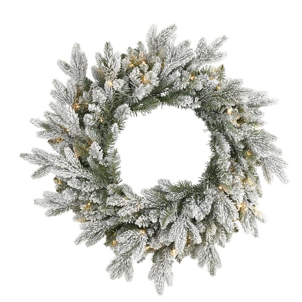 Nearly Natural 24 in. Pre-Lit Flocked Artificial Christmas Wreath with 50 LED Lights