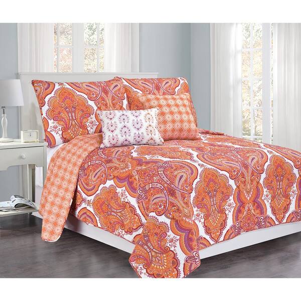 Unbranded Brilliance Paisley Full-Queen Orange/Coral with Pillow 5-Piece Cotton Quilt Set