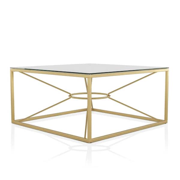 Furniture of America Karrey 35 .78 in. Gold Coating and Clear Square Glass Top Coffee Table