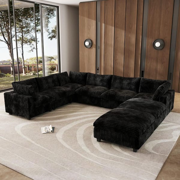 157.48 in. Square Arm 7-Piece Rabbit Velvet Plush Modular Free Combination Sectional Sofa with Ottoman in Black