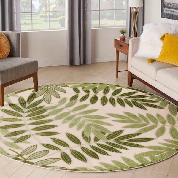 Aloha Ivory Green 8 ft. x 8 ft. Floral Contemporary Round Area Rug