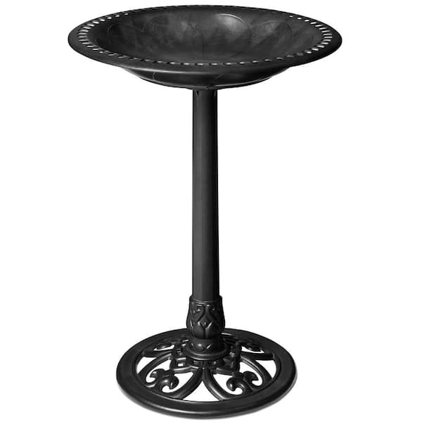 28 in. Resin Pedestal Bird Bath with Fleur-de-Lis Accents for Outdoor Garden Decoration, Black