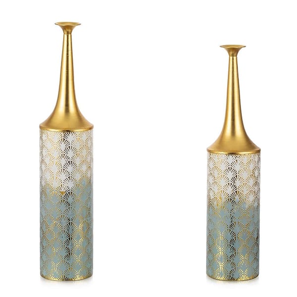 26 in. Blue Metal Bottle Decorative Vase（Set of 2）