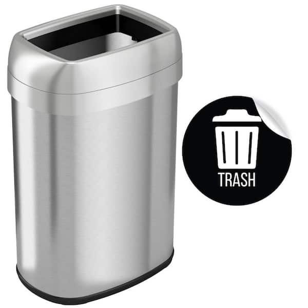 13 Gal. Stainless Steel Oval Metal Household Trash Can with Trash Sticker, Open Top, and Dual Odor Filters
