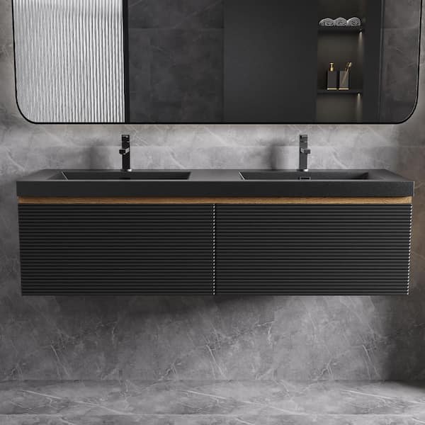 Opvande 60 in. W x 20 in. D x 16 in. H Double Floating Bathroom Vanity with Black Quartz Sand Top in Natural Oak Assembled
