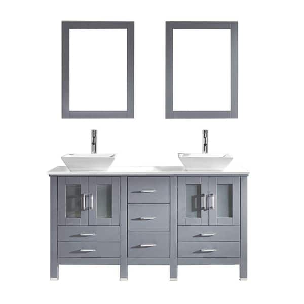 Virtu USA Bradford 60 in. W Bath Vanity in Gray with Stone Vanity Top in White with Square Basin and Mirror