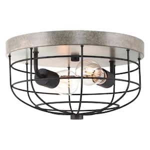 Duncan 13 in. 60-Watt 2-Light Textured Black Industrial Flush Mount