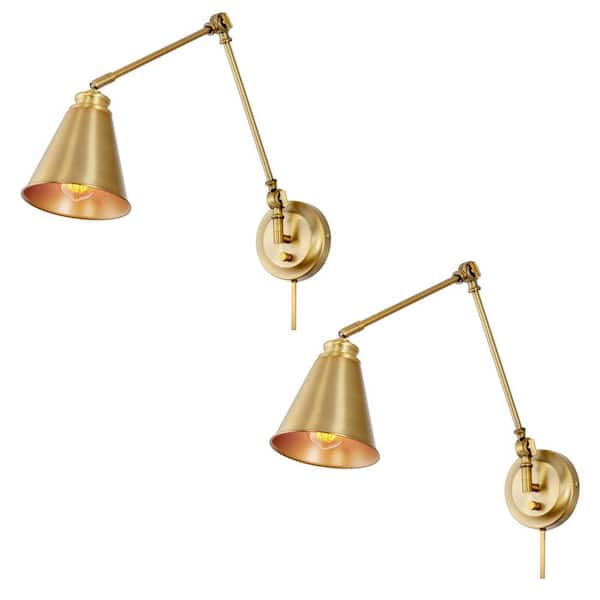 Ellis 60-Watt 1-Light Warm Brass Vintage Wall Sconce with Warm Brass Shade, 2-Pack