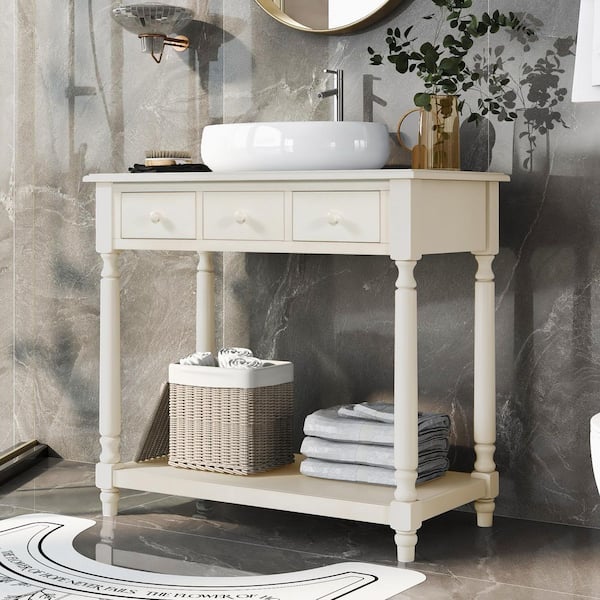 HBEZON 36.06 in. W x 19.17 in. D x 33.43 in. H Freestanding Bath Vanity Cabinet without Top in Antique White