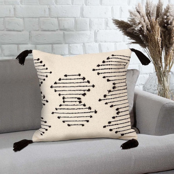 18 x 18 Handcrafted Cotton Accent Throw Pillow, Woven Lined Design, White, Gray, Black