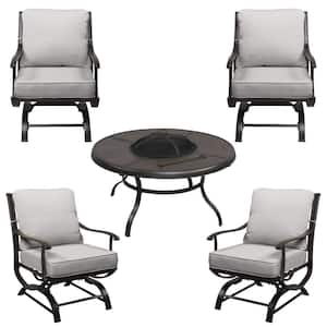 Redwood Valley Black 5-Piece Steel Outdoor Patio Fire Pit Seating Set with CushionGuard Stone Gray Cushions