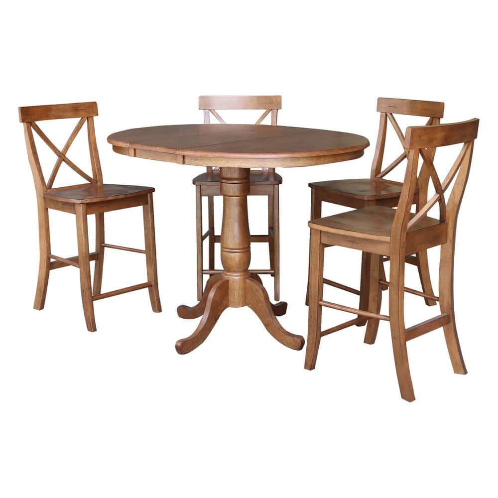 Distressed Oak Solid Wood 50" Round Extension Dining Table Set with 4 Chairs