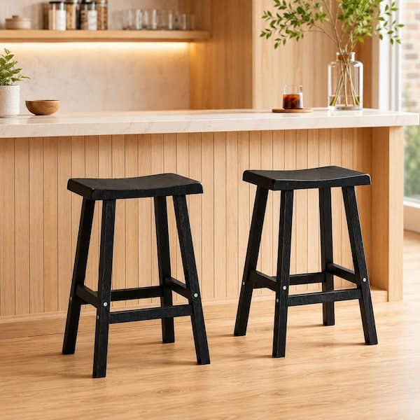 EFU 2-Piece Black Plastic Outdoor Bar Stools Set 29 in. Ergonomic