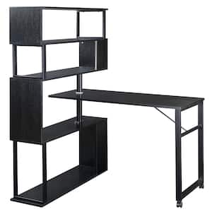 47.2 in. L-Shaped Computer Desk Black Wood Corner Table with Metal Frame Convertible Writing Table with 5-Tier Bookshelf